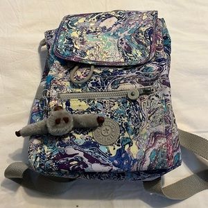 Like New Kipling Small Backpack Purse Colored Liquid Swirl Pattern